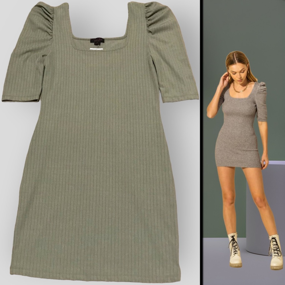 FIESTAR Vertical Ribbed Knit Puff Sleeved Mini Bodycon Dress